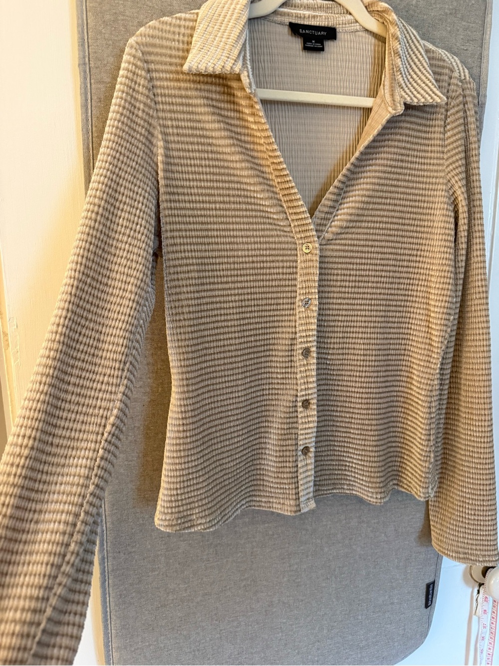 Sanctuary Cream Frosted Almond Textured Velvet Long-Sleeve Button-Front Shirt - Picture 5 of 9
